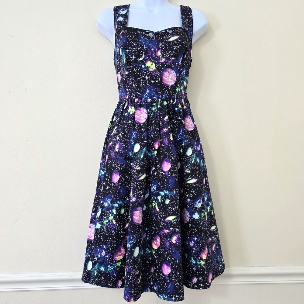 Hot Topic Planet Fit‎ & Flare Midi Dress Sz S Black Space Retro Punk Goth Alt